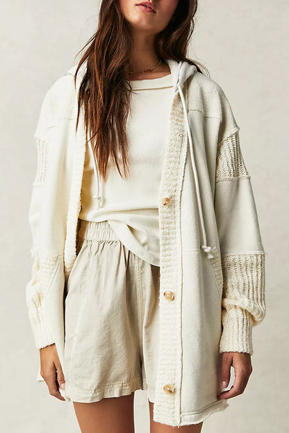 Beige Contrast Knit Patchwork Hooded Functional Coat