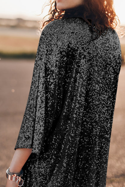 Black Sequin 3/4 Sleeve Open Front Duster Kimono