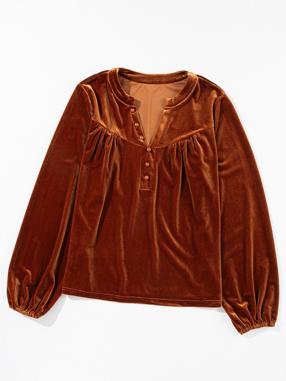 Gold Velvet Pile Neck Pleated Long Sleeve T-Shirt