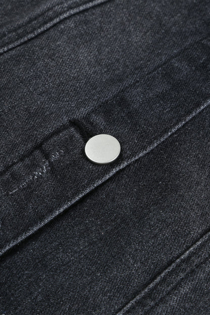 Black Lapel Distressed Raw Hem Buttons Denim Jacket