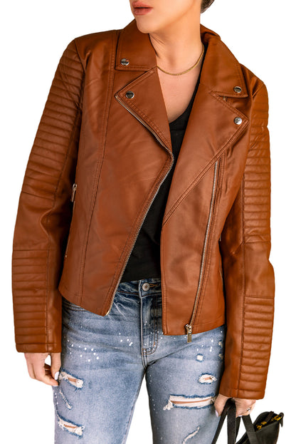 Brown Ribbed Seam Detail Faux Leather Zipped Motorcycle Jacket