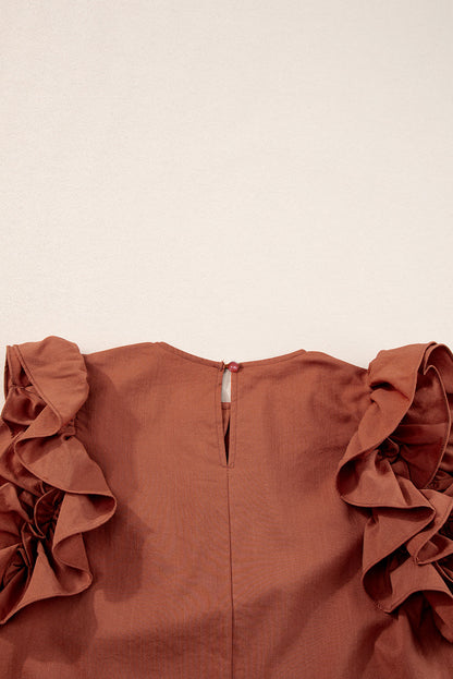 Red Sandalwood Ruffle Trim Sleeveless Blouse