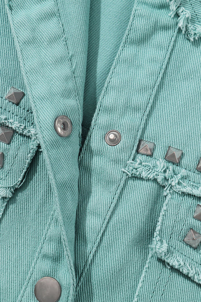 Mist Green Frayed Trim Riveted Denim Jacket