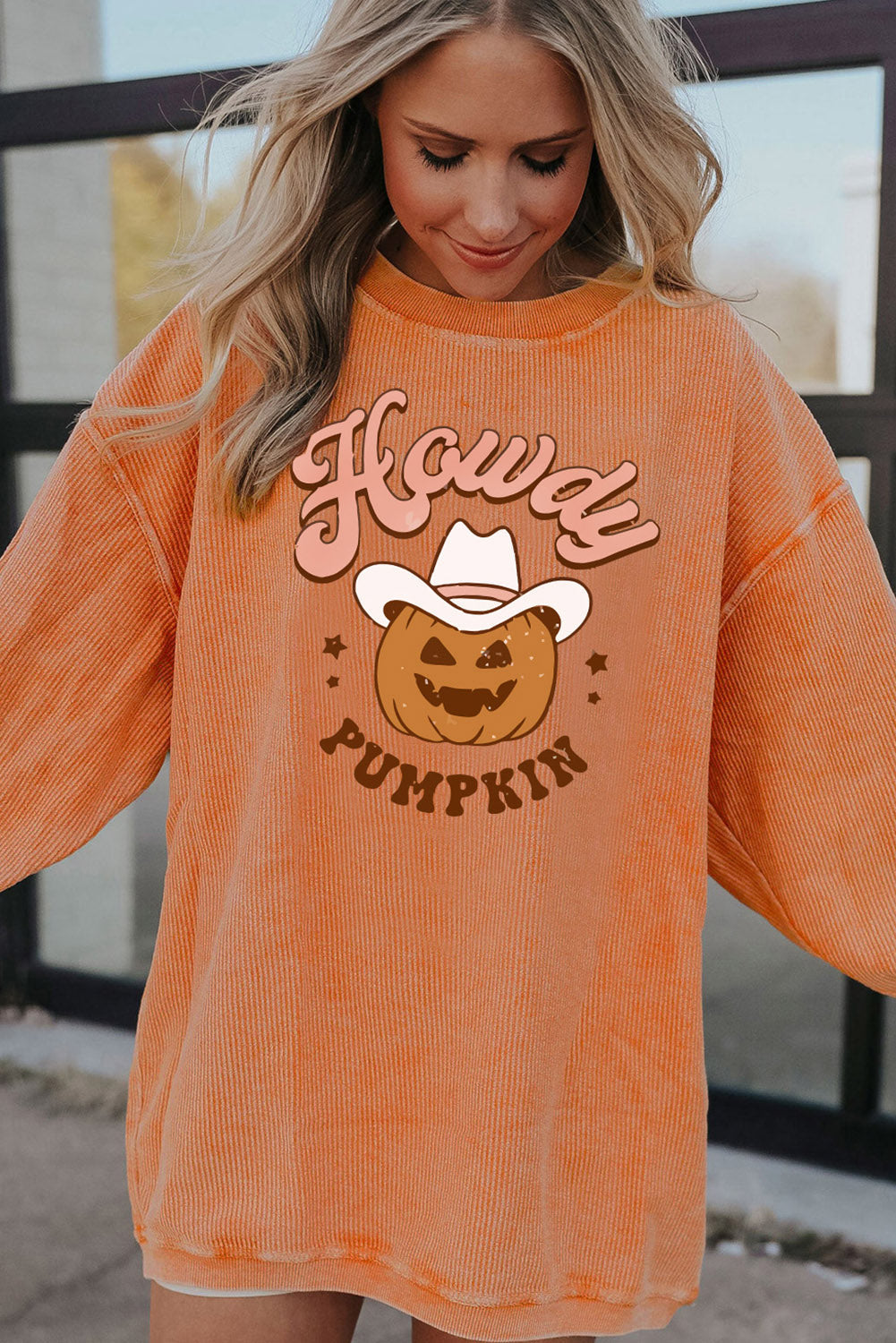 Orange Howdy Pumpkin Halloween Graphic Corded Sweatshirt