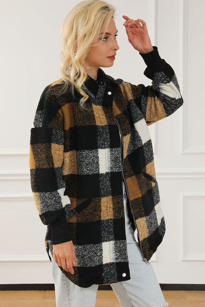 Black Zipper Side Pockets Plaid Overcoat