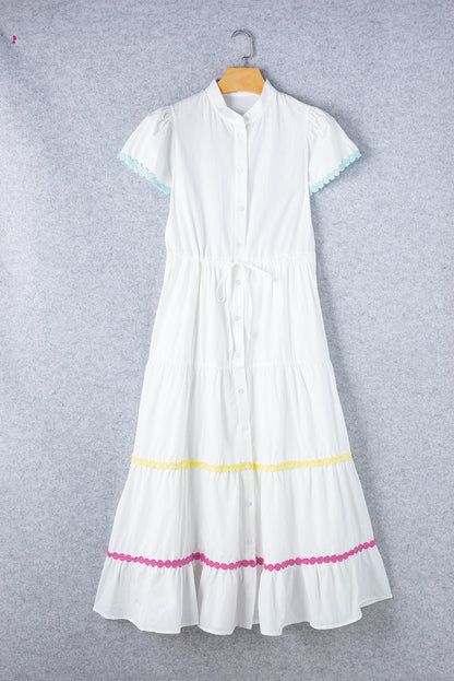 White Colorblock Rickrack Trim Short Sleeve Drawstring Waist Long Dress