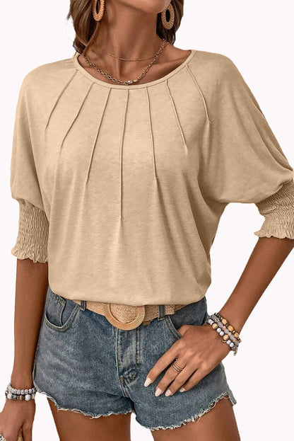 Apricot Plain Pleated Shirred Cuff Half Sleeve Top