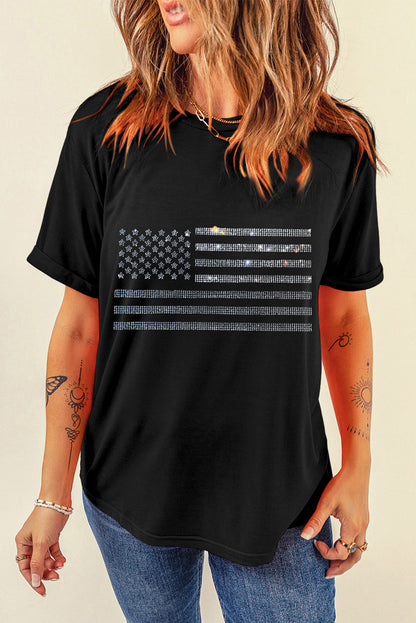 Black Glittering Rhinestone American Flag Pattern T Shirt