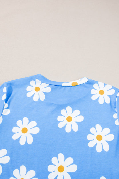 Sky Blue Daisy Printed Crewneck T Shirt