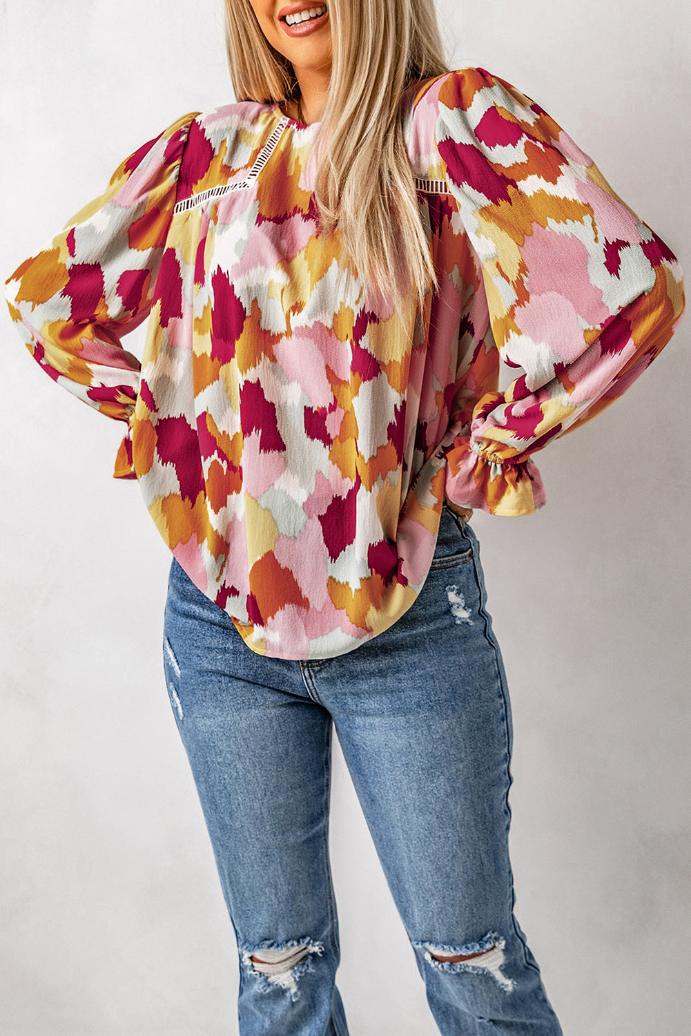 Abstract Print Puffy Sleeve Loose Blouse for Women