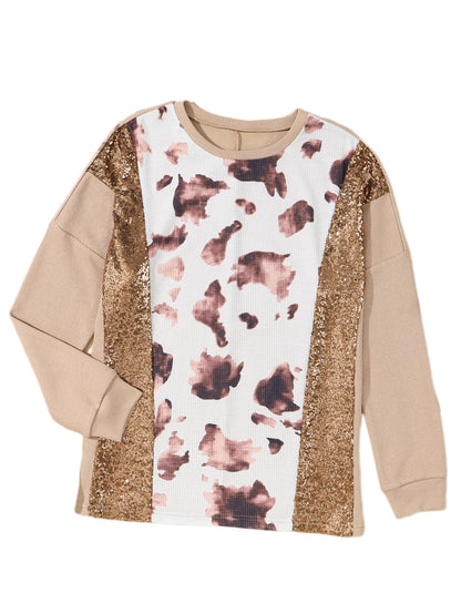 Abstract Sparkle Sequin Embellished Khaki Pullover Shirt