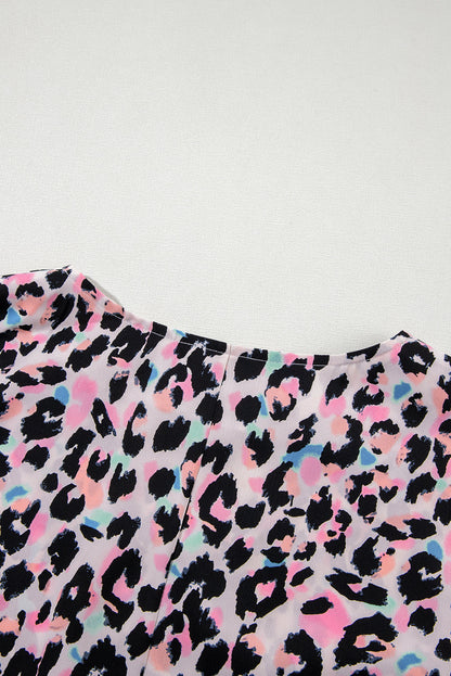 Pink Multicolor Leopard Print V Neck Oversized Blouse