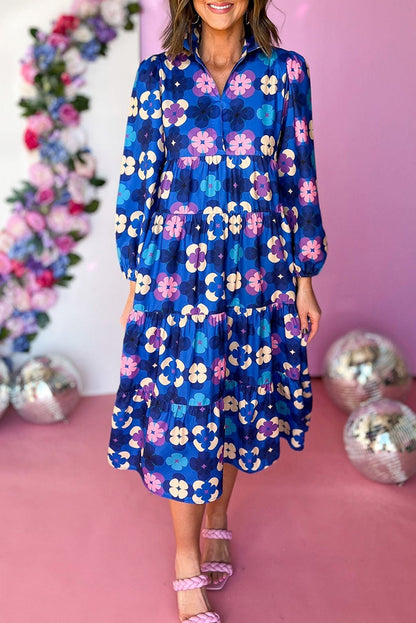 Blue Floral Peasant Sleeve Tiered Ruffle Midi Dress