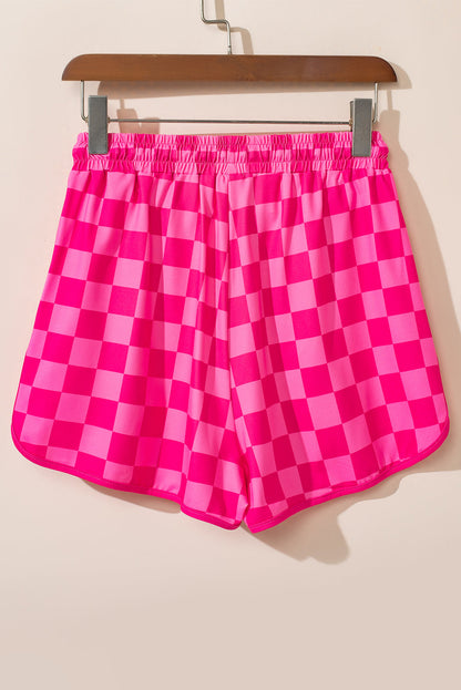 Rose Checkered Drawstring Elastic Waist Casual Shorts