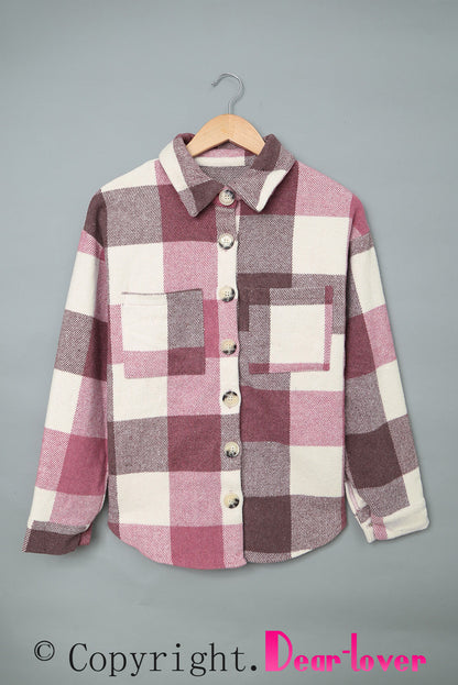 Plaid Color Block Buttoned Long Sleeve Jacket with Pocket