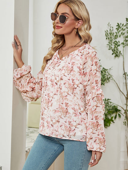 T-Shirts - Long Sleeve Floral Printed Loose Chiffon T-Shirt - MsDressly