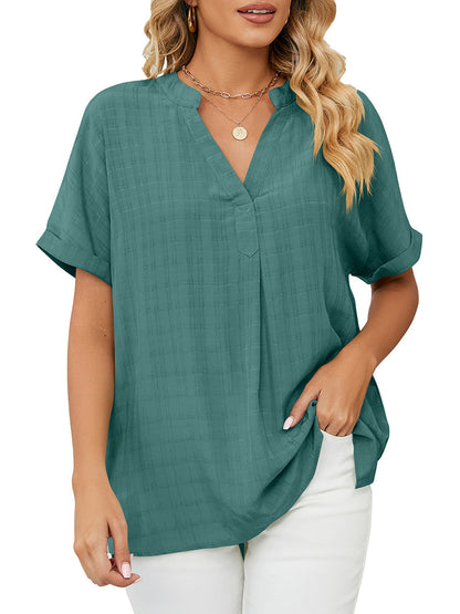 T-Shirts - Solid V-Neck Loose Short Sleeve T-Shirt - MsDressly