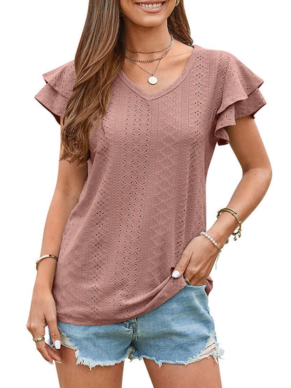 T-Shirts - Solid Color Hollowed-Out Lotus Leaf Sleeve Casual T-Shirt - MsDressly