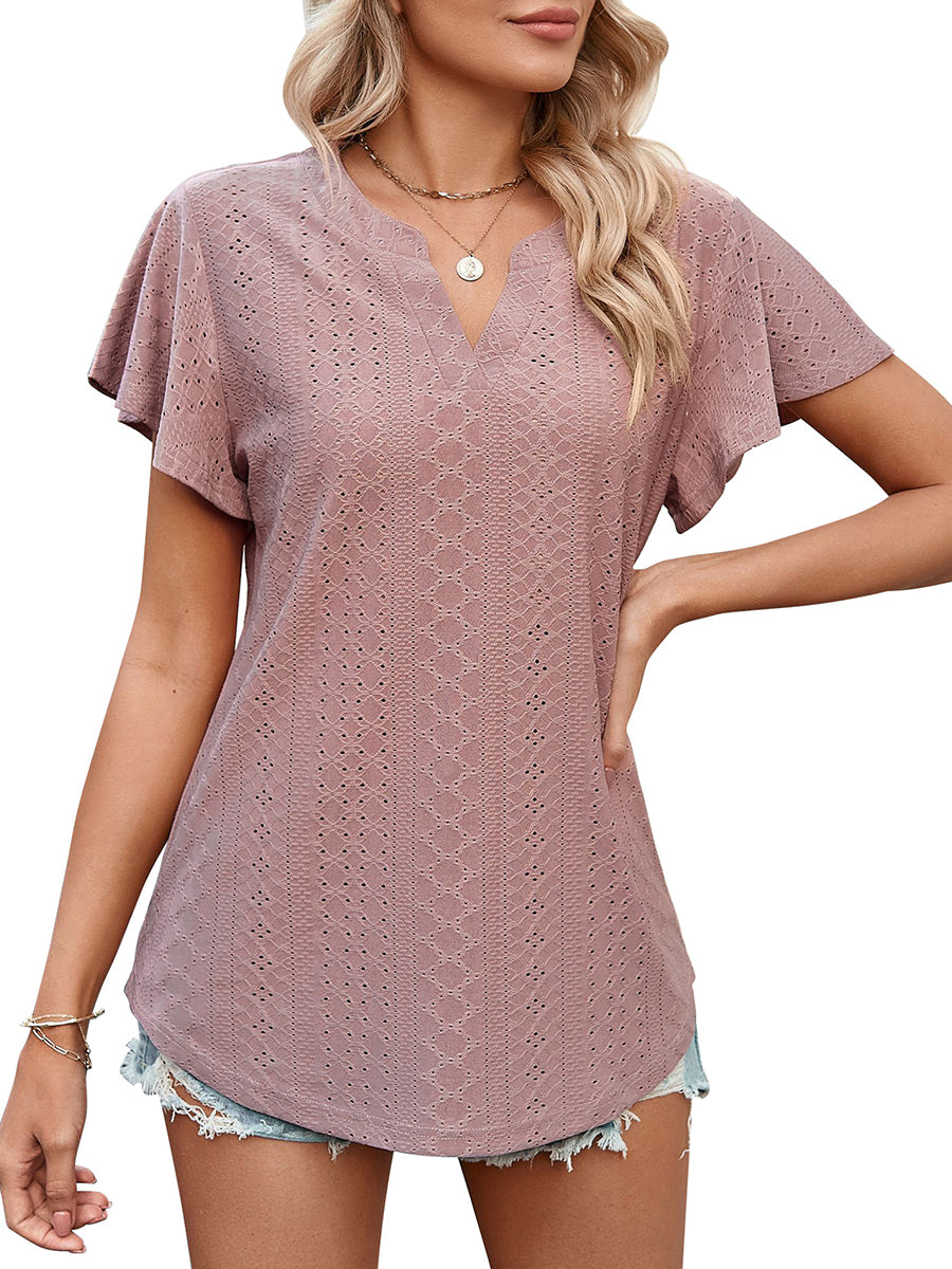 T-Shirts - Solid Color Hollow V-Neck Ruffle Sleeve Casual T-Shirt - MsDressly