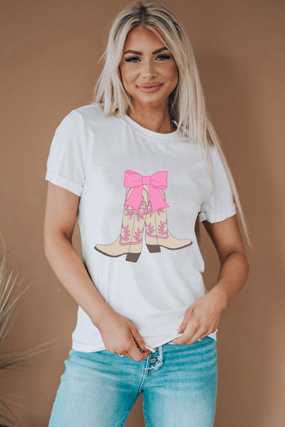 White Western Boots Bow Print Round Neck T Shirt