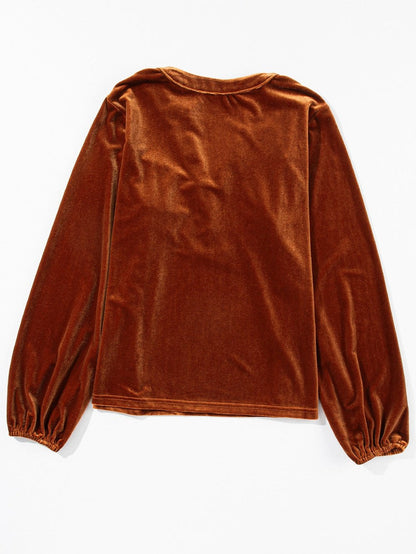 Gold Velvet Pile Neck Pleated Long Sleeve T-Shirt