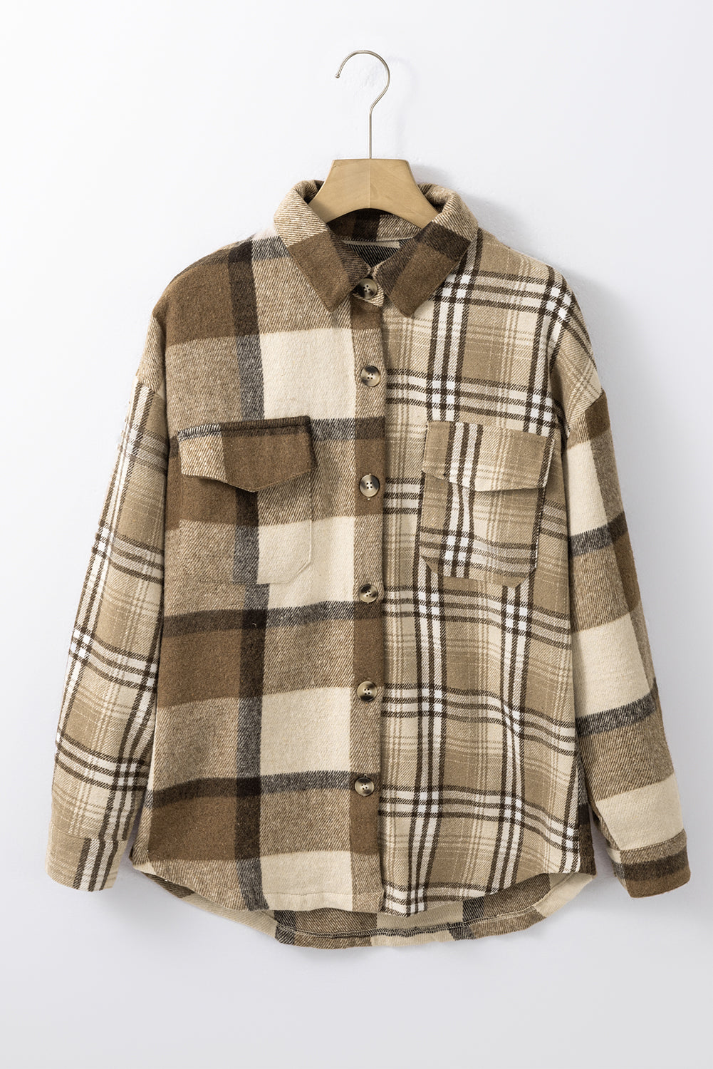 Parchment Contrast Plaid Patchwork Flap Pocket Shacket