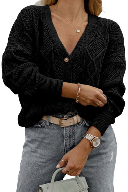 Black Plus Size Knitted Hollow out Button up Cardigan