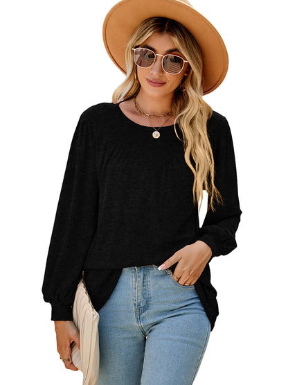 T-Shirts - Lantern Sleeve Round Neck Long Sleeve Casual T-Shirt - MsDressly