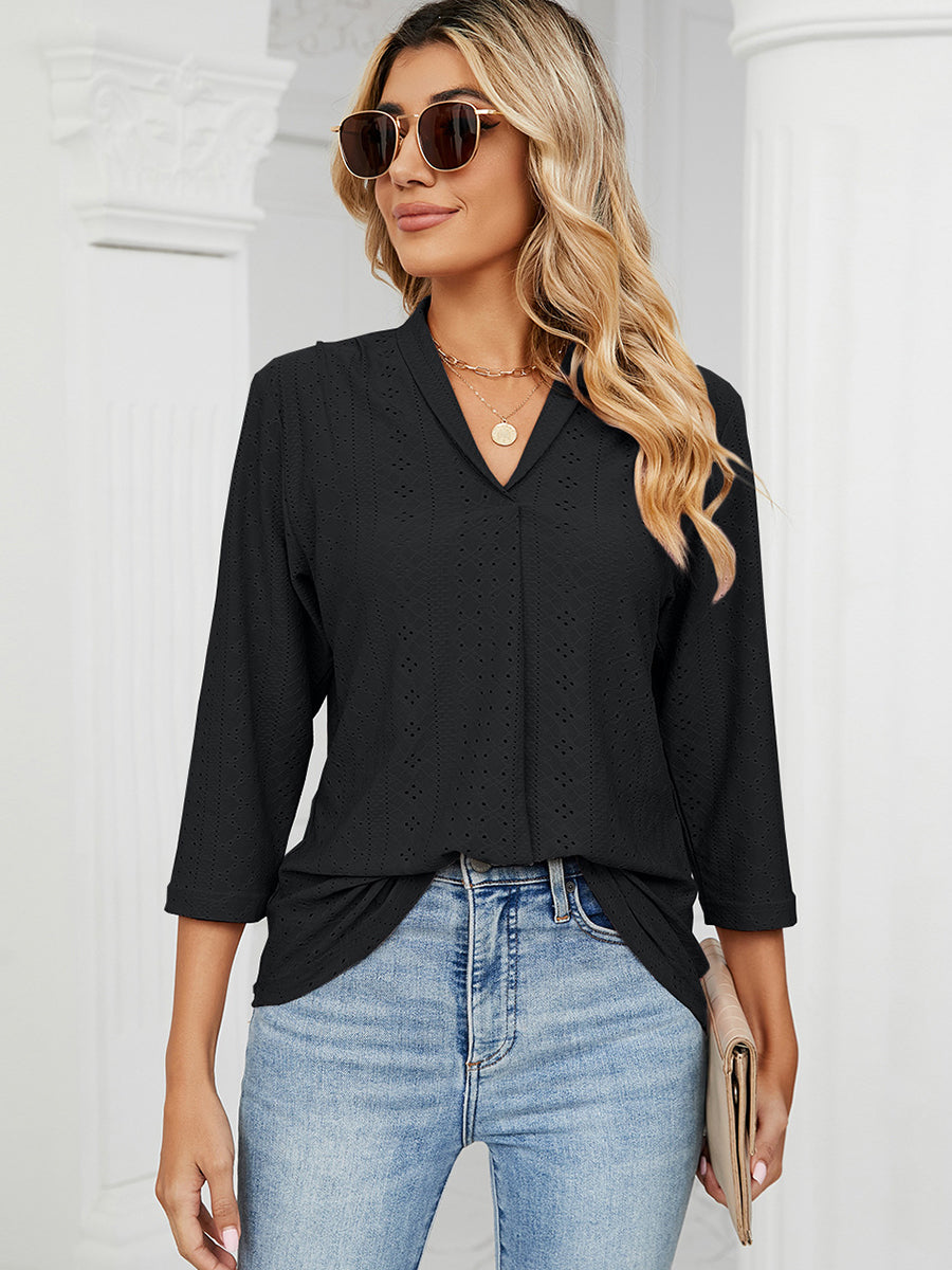 T-Shirts - V-Neck Pleated Casual Loose Medium Sleeve T-Shirt - MsDressly