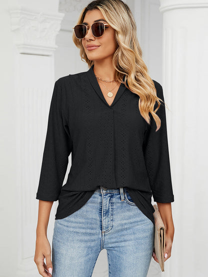 T-Shirts - V-Neck Pleated Casual Loose Medium Sleeve T-Shirt - MsDressly