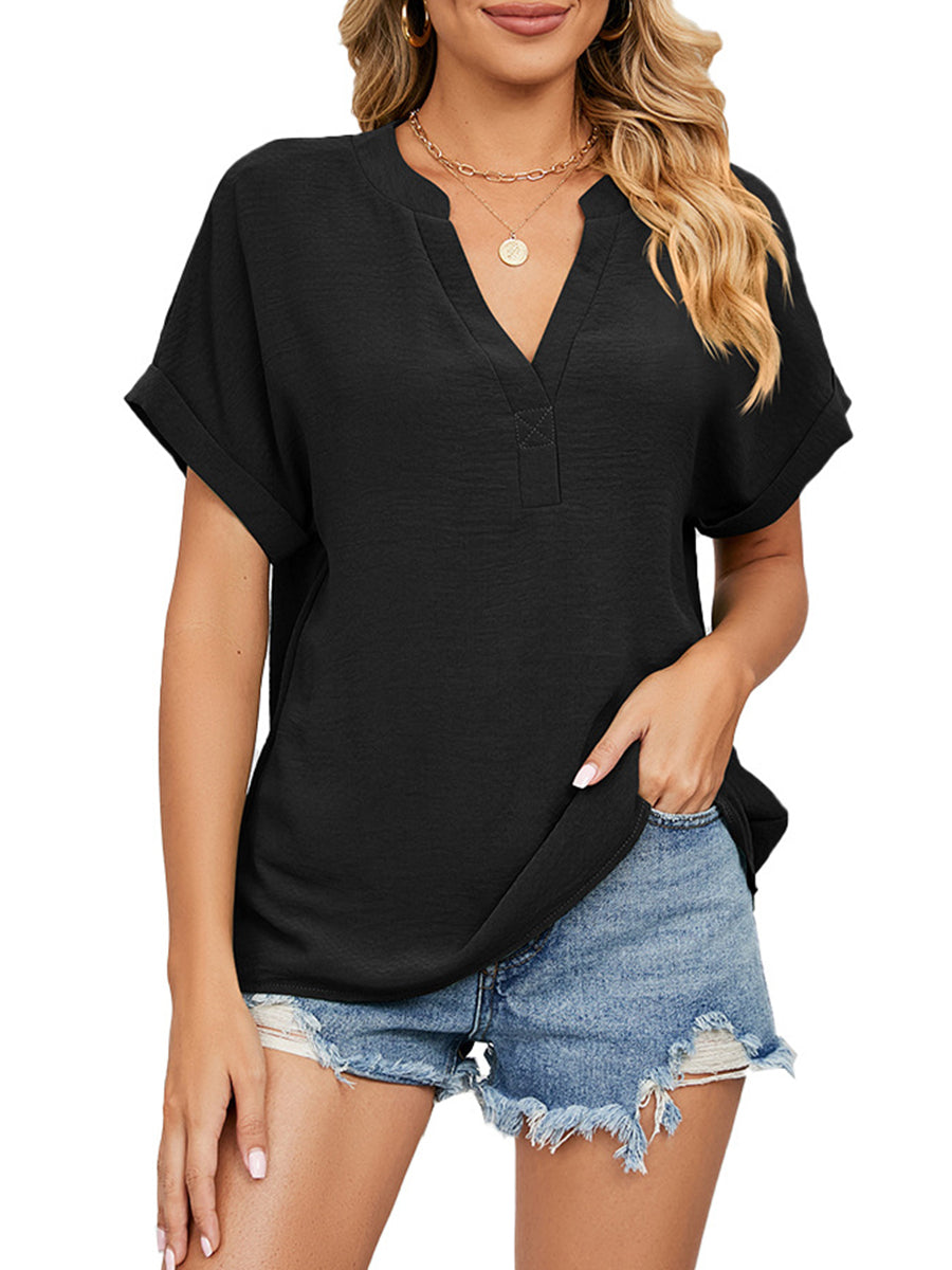 T-Shirts - Solid Color V-Neck Loose Short Sleeve Chiffon T-Shirt - MsDressly