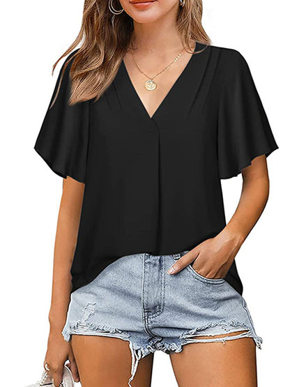 T-Shirts - Solid Color V-Neck Chiffon Loose Short Sleeve T-Shirt - MsDressly