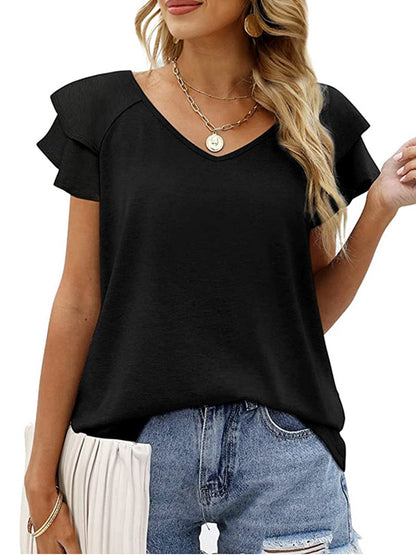 T-Shirts - Solid Color V-Neck Ruffled Sleeves Loose T-Shirt - MsDressly