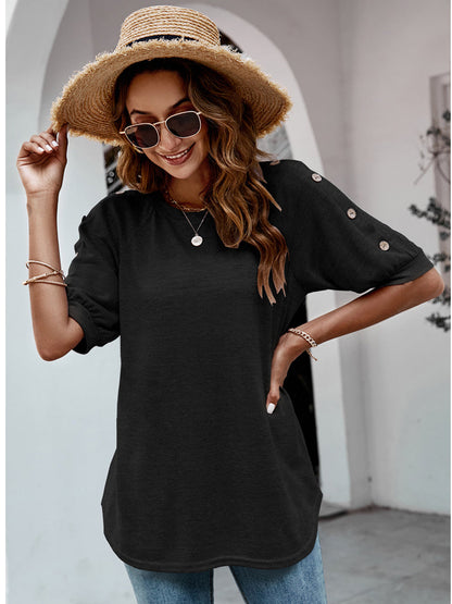 Loose Round Neck Button Casual Half-Sleeve T-Shirt