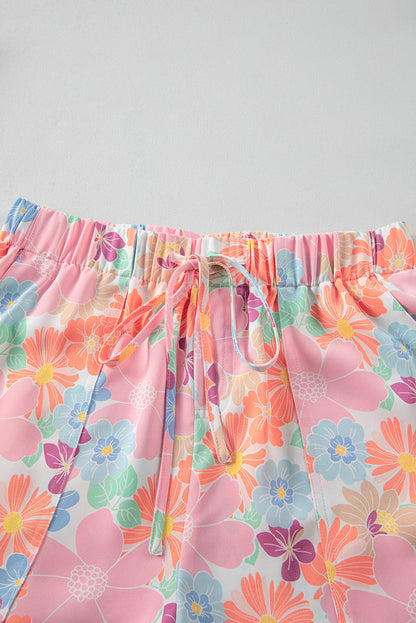 Pink Floral Print Side Pockets Drawstring Casual Shorts