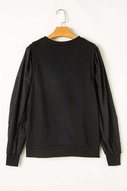 Black Textured Patchwork Round Neck Sweatshirt