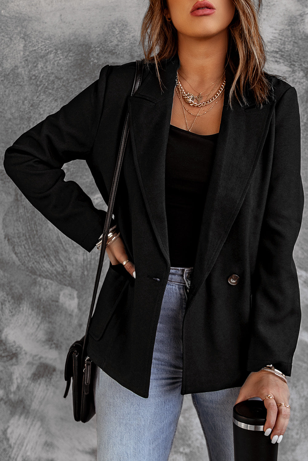 Black Buttoned Lapel Collar Blazer with Pocket