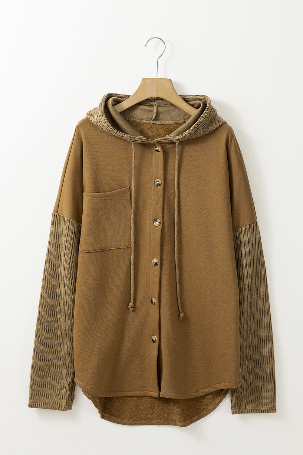 Brown Button Up Contrast Knitted Sleeves Hooded Jacket