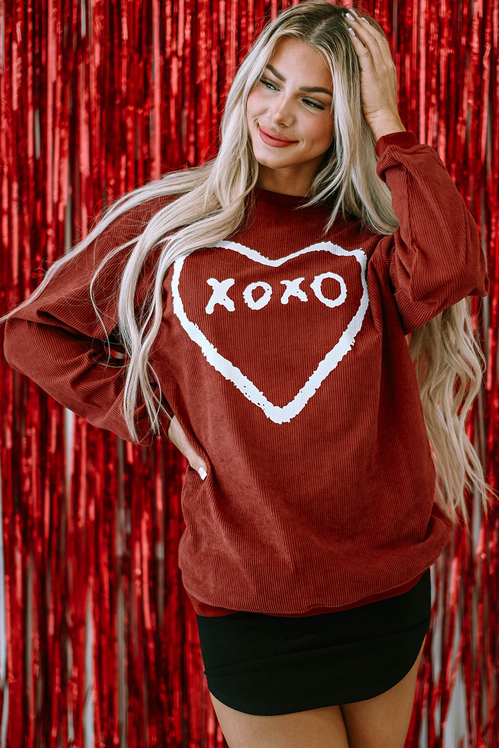 Racing Red XOXO Heart Shape Graphic Corded Sweatshirt