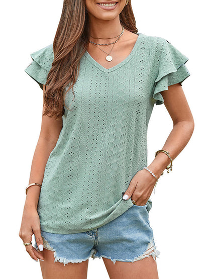 Solid Color Hollowed-Out Lotus Leaf Sleeve Casual T-Shirt