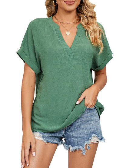 T-Shirts - Solid Color V-Neck Loose Short Sleeve Chiffon T-Shirt - MsDressly