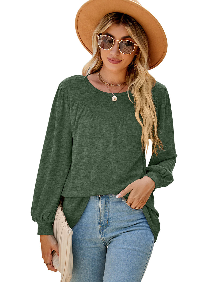 T-Shirts - Lantern Sleeve Round Neck Long Sleeve Casual T-Shirt - MsDressly