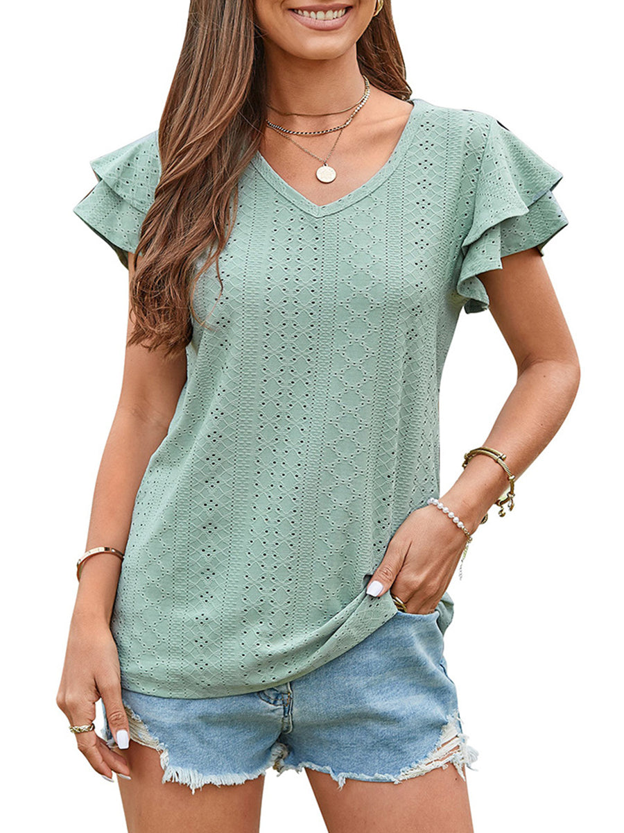 T-Shirts - Solid Color Hollowed-Out Lotus Leaf Sleeve Casual T-Shirt - MsDressly