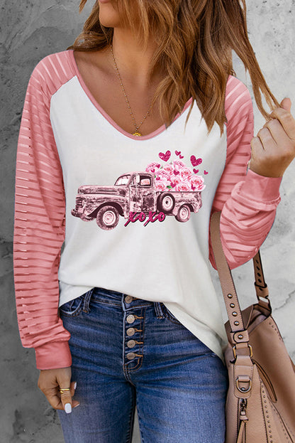 Pink Valentines Flower Car Graphic Striped Long Sleeve Top