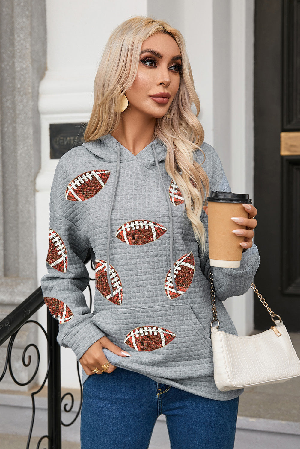 Gray Sequin Rugby Football Waffle Knit Kangaroo Pocket Loose Hoodie