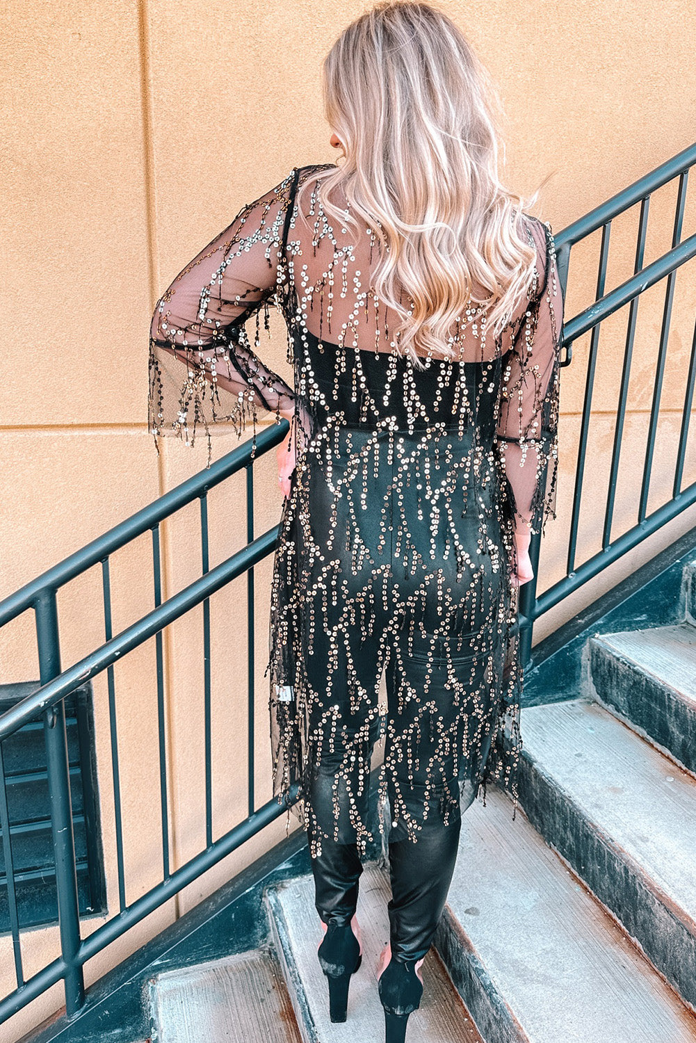 Black Sequin Sheer Long Sleeve Open Front Kimono