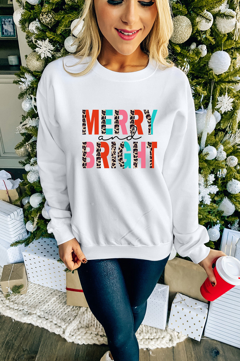 White MERRY and BRIGHT Leopard Print Pullover Sweatshirt