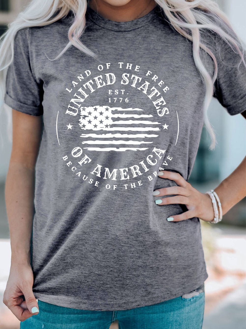 American Flag Print Gray Graphic Tee - Patriotic Short Sleeve T-Shirt