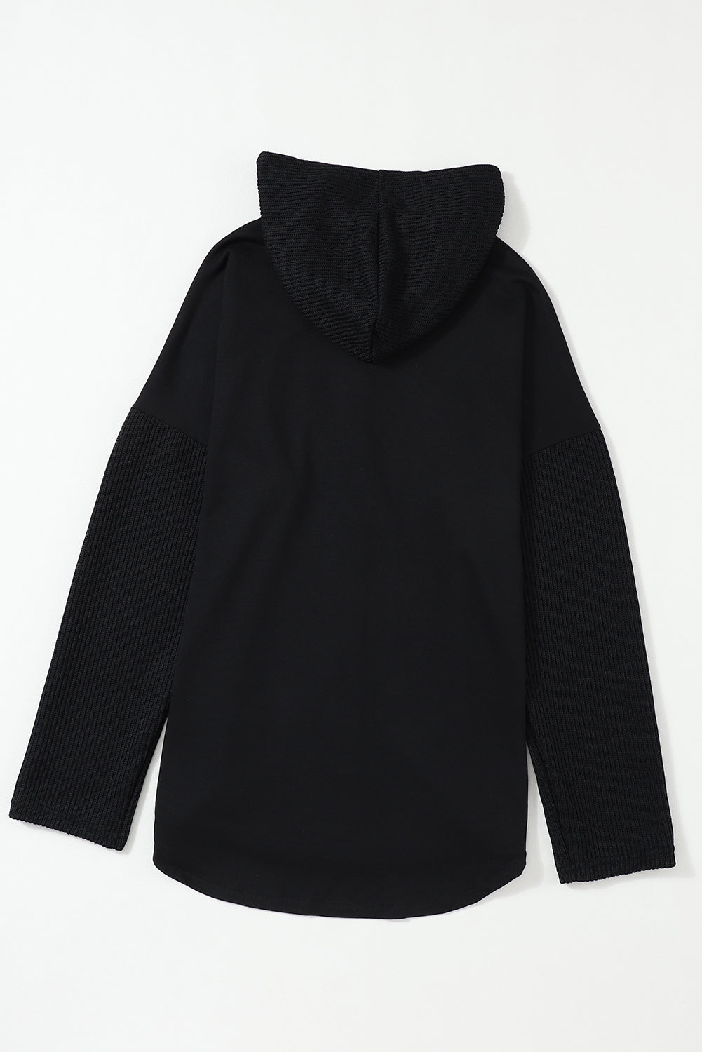 Black Button Up Contrast Knitted Sleeves Hooded Jacket