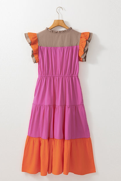 Bonbon Color Block Tiered Notched Neck Ruffle Sleeve Dress